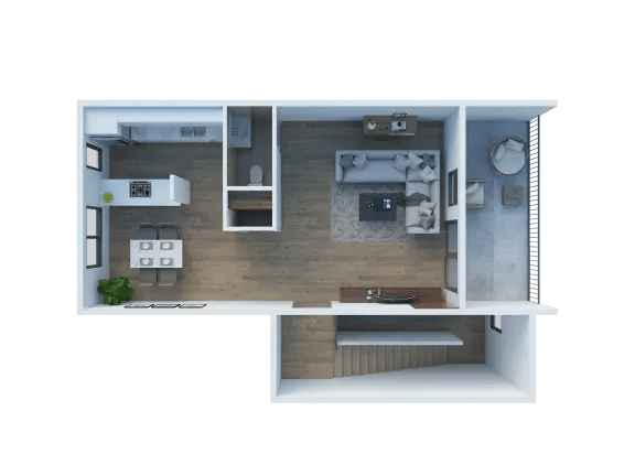 Larkspur West Linn 3D Floor Plan Two Bedroom, One and a half Bathroom 1130 sq ft