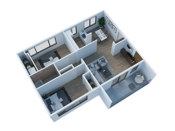 Larkspur West Linn 3D Floor Plan Two Bedroom, One Bathroom 876 sq ft