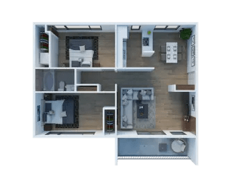 Larkspur West Linn 3D Floor Plan Two Bedroom, One Bathroom 876 sq ft