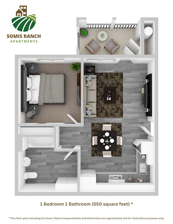 A floor plan of a 1 bedroom 1 bathroom apartment from Somis Ranch Apartments.