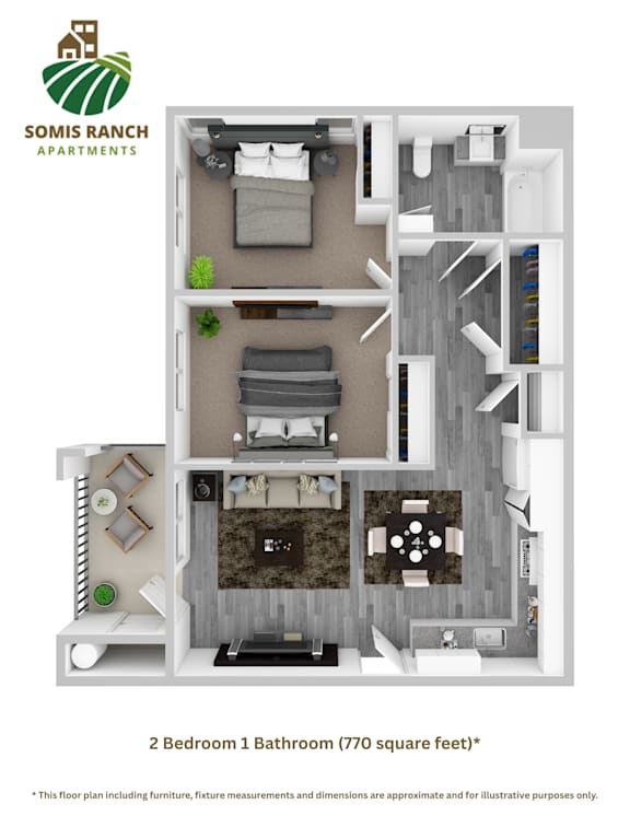 A floor plan of a 2 bedroom 1 bathroom apartment at Somis Ranch Apartments.