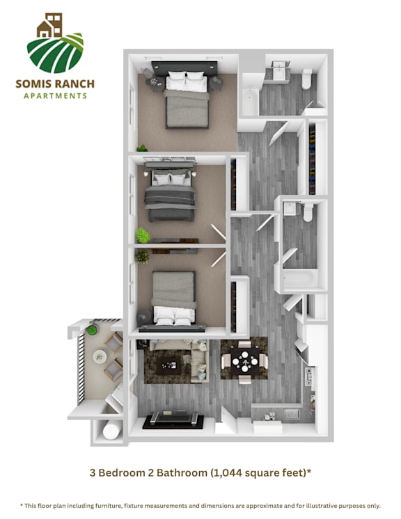 A Somis Ranch Apartments floor plan shows a 3 bedroom, 2 bathroom apartment with a total of 1,044 square feet.
