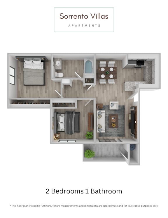 A floor plan of apartment with 2 bedrooms and 1 bathroom.