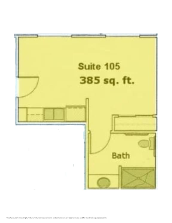 A floor plan for Suite 105, which is 385 square feet, shows a bathroom located on one side.