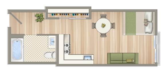A floor plan of a small apartment with a kitchen, living room, and bathroom.