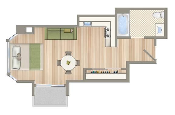 A floor plan of a house with a kitchen, living room, and bathroom.