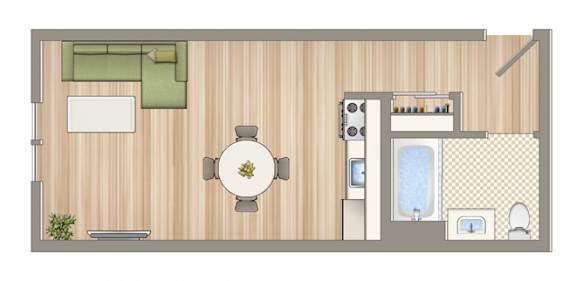 A floor plan of a small apartment with a kitchen, living room, and bathroom.