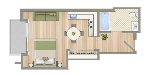 A floor plan of a house with a kitchen, living room, dining room, and bathroom.