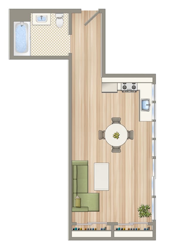A floor plan of a house with a kitchen, living room, and bathroom.