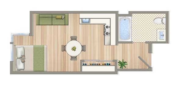 A floor plan of a house with a central living area, a kitchen, a bathroom, and a bedroom.