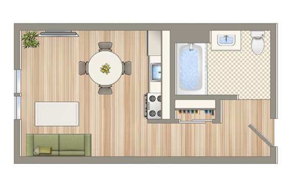 A floor plan of a small apartment with a kitchen, living room, and bathroom.