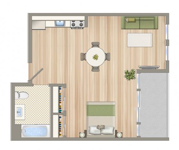 A floor plan of a small apartment with a kitchen, living room, and bathroom.