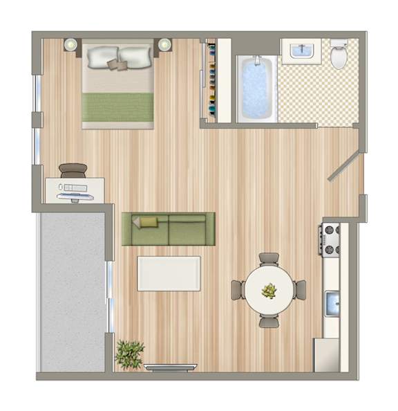 A floor plan of a small apartment with a kitchen, living room, and bathroom.