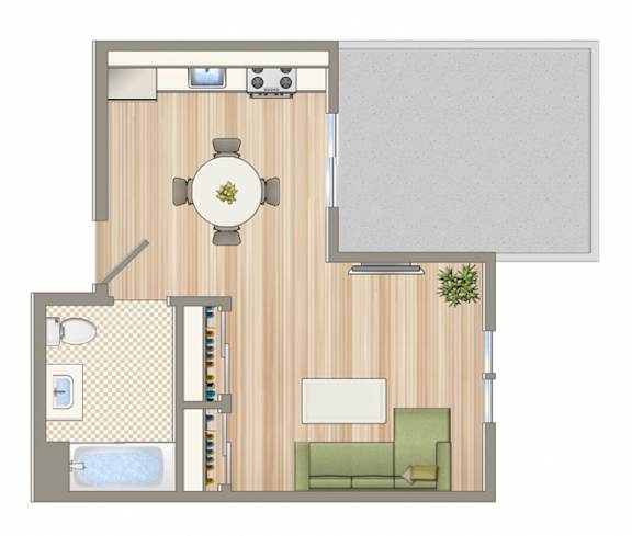 A floor plan of a small apartment with a kitchen, living room, and bathroom.