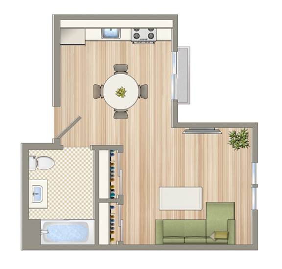 A floor plan of a house with a kitchen, living room, and bathroom.