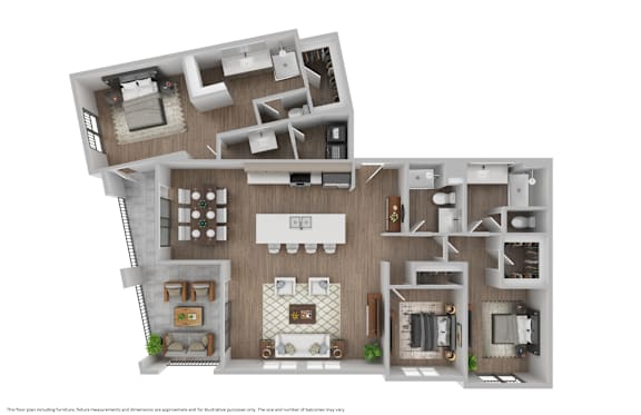 A 3D floor plan of a house showing the layout of the rooms.