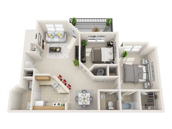 A 3D floor plan of a house with multiple rooms and furniture.