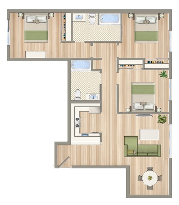 A floor plan of a house with a kitchen, living room, and two bedrooms.