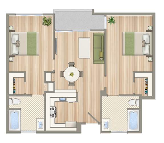 A floor plan of a house with a kitchen, living room, and bathrooms.