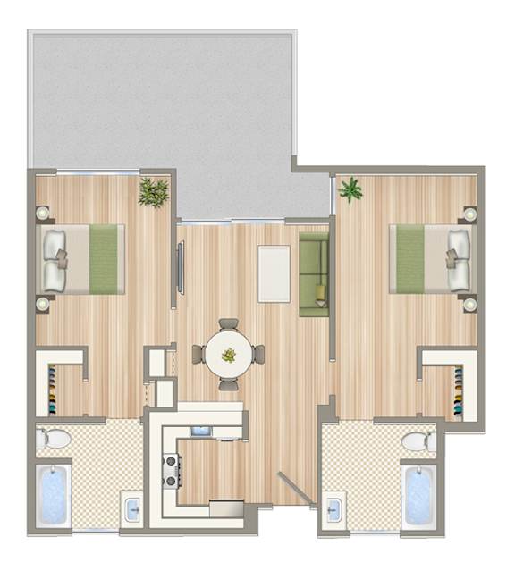 A floor plan of a house with a central open space and rooms surrounding it.