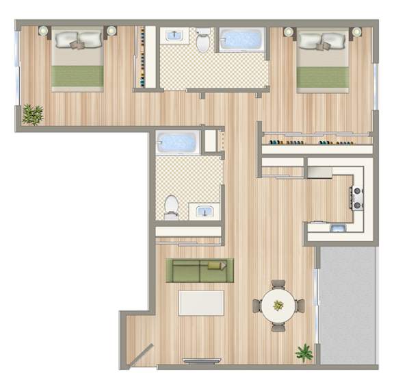 A floor plan of a house with two bedrooms and a living room.