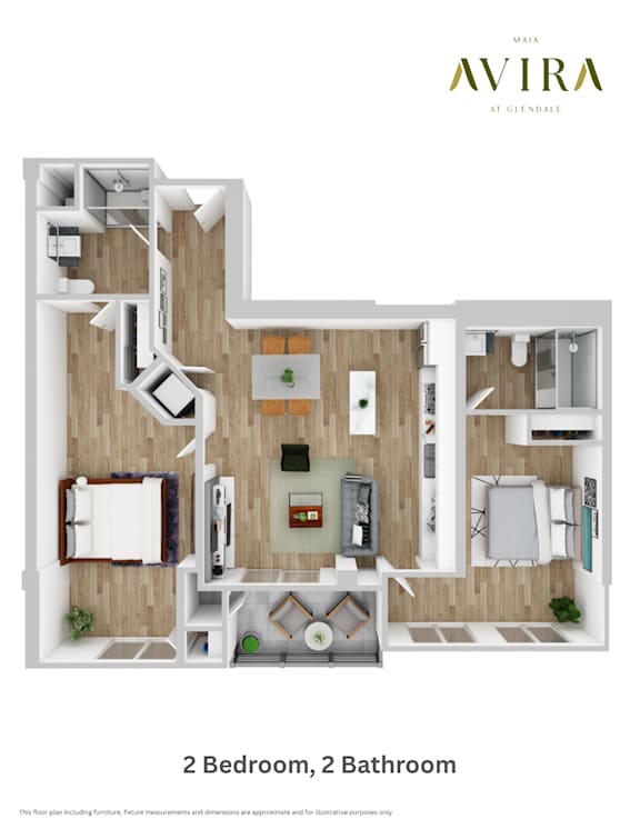 A floor plan of a two bedroom, two bathroom apartment.