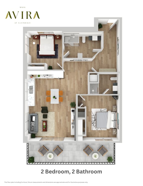 A floor plan of a two bedroom, two bathroom apartment.