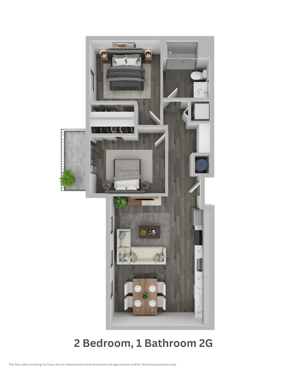 El Jardin two bedroom one bathroom unit type 2G floor plan