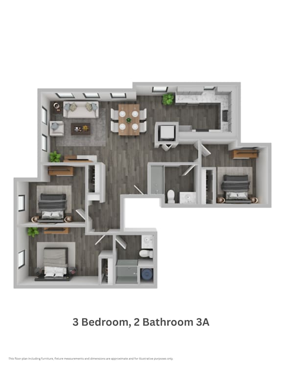 El Jardin three bedroom two bathroom 3A floor plan