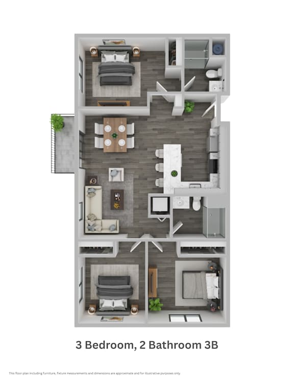 El Jardin three bedroom two bathroom unit type 3B floor plan