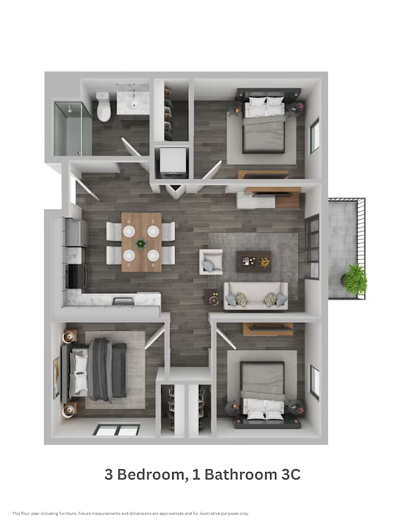 El Jardin three bedroom one bathroom unit type 3C market floor plan