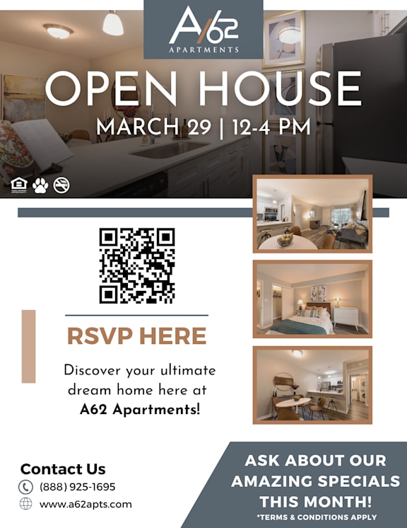 A62 Apartments Open House flyer with contact information and QR code.