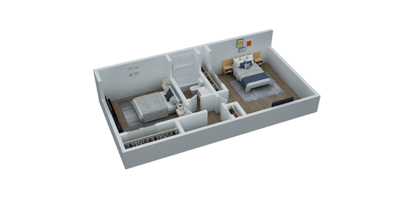 a 3d floor plan of a bedroom with a bed