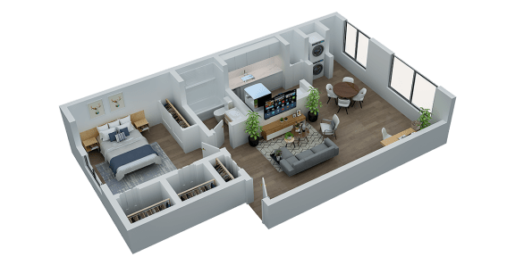 a 3d floor plan of a bedroom and living room