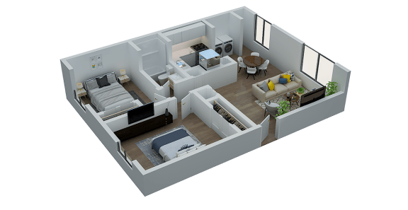 a 3d floor plan of a bedroom and living room