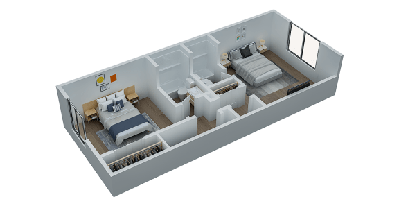 a 3d floor plan of a bedroom with a bed
