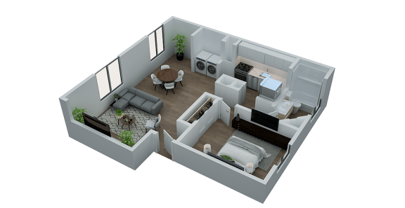 a 3d floor plan of a bedroom and living room