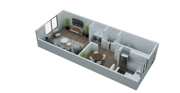 a 3d drawing of a house with a kitchen and a living room