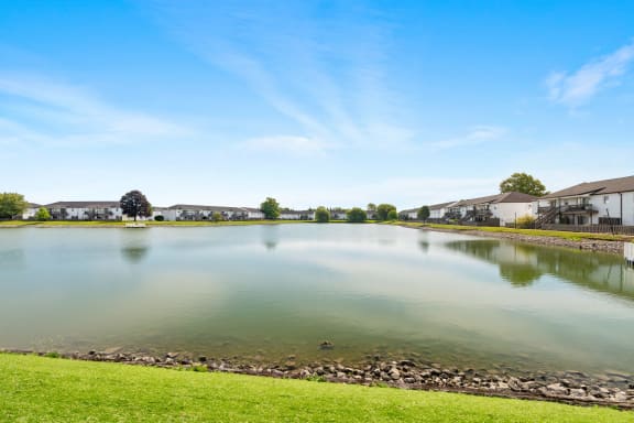 a pond with houses in the background and a blue sky
