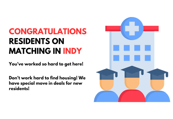 A graphic with the word "CONGRATULATIONS" and "INDY" with a medical cross and graduation caps.