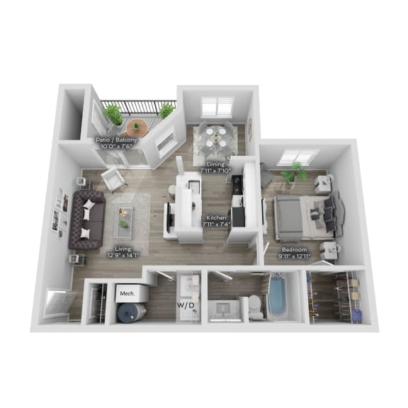a 1 bedroom floorplan with a bathroom and a living room