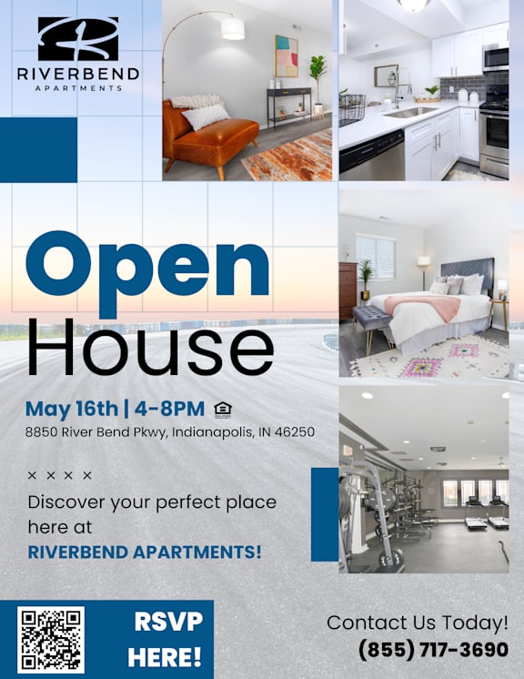A flyer for an open house event at River Bend Apartments.