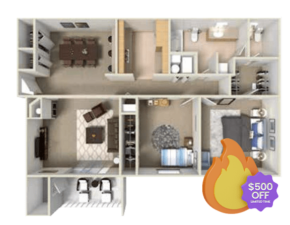 A 3D floor plan of an apartment with a kitchen, living room, and two bedrooms.