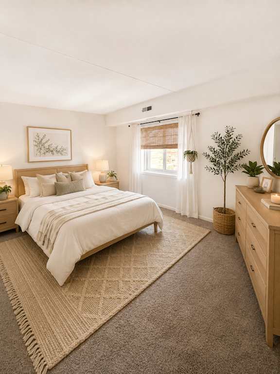 A bedroom with a large bed, a nightstand with a lamp, and a plant on the side table.