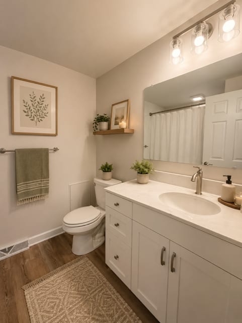 A bathroom with a toilet, sink, and mirror.