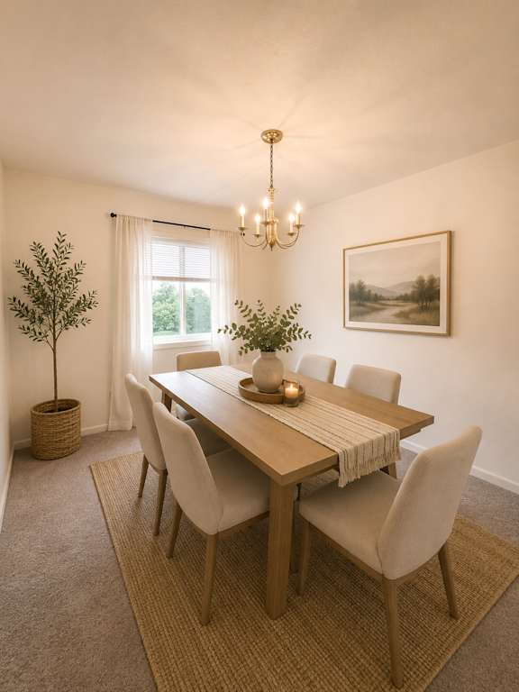 A dining room with a wooden table and chairs.