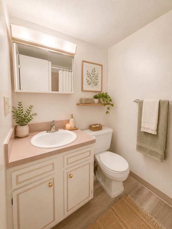 A bathroom with a white toilet, sink, and wooden floors.