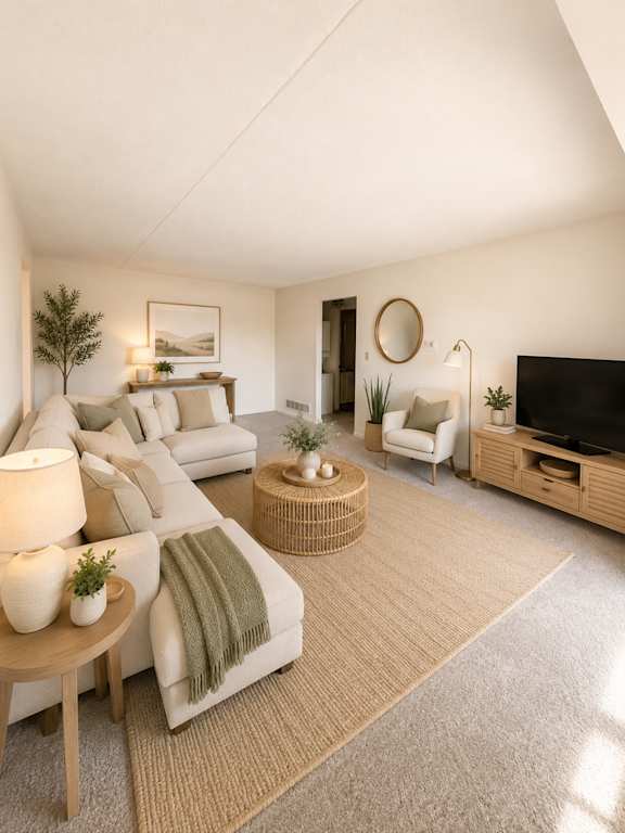 A well-lit, modern living room with a white sofa, a wooden coffee table, and a flat-screen TV.