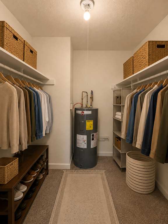 A white closet with a grey water heater in the middle.