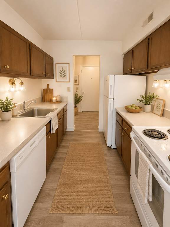 A kitchen with white appliances and brown cabinets.